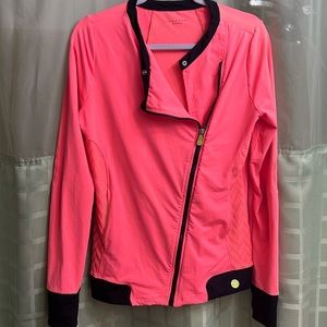 Trina Turk Large Moto Style Workout Jacket. Coral color green accents